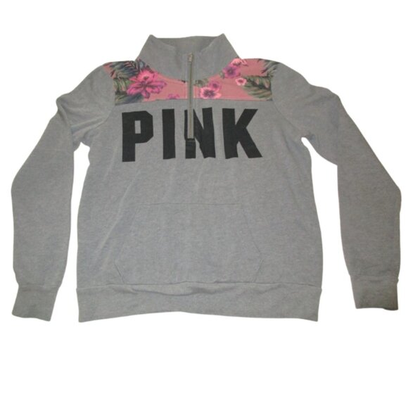 Victoria’s Secret PINK Floral Quarter Zip Pullover Gray Sweatshirt Women’s Sz S - Picture 2 of 4
